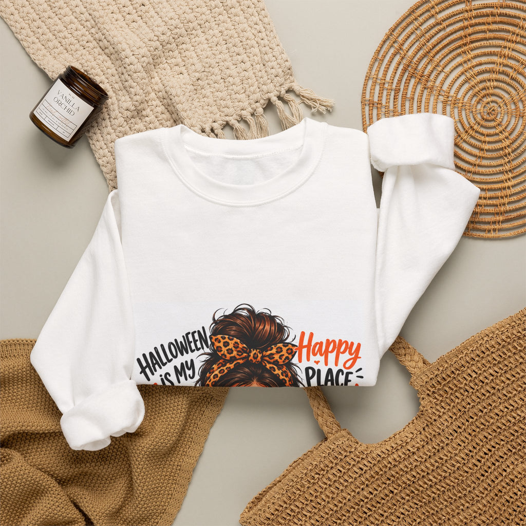 Halloween Mom Crewneck Sweatshirt — "Halloween Is My Happy Place" Graphic
