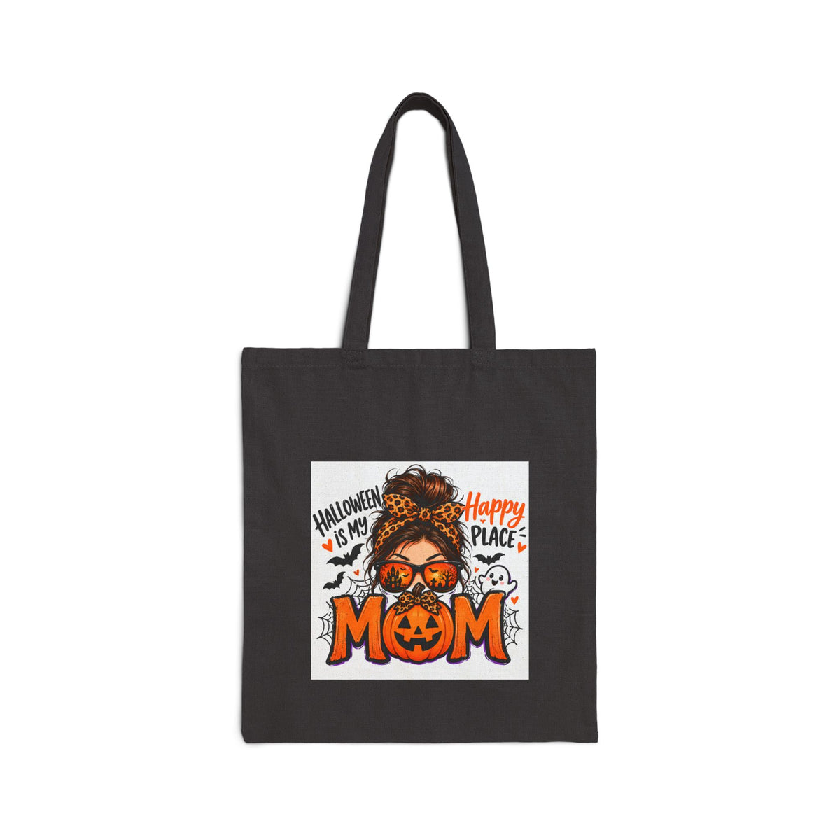 Halloween Mom Canvas Tote Bag - "Happy Place" Pumpkin & Ghosts Reusable Grocery Bag