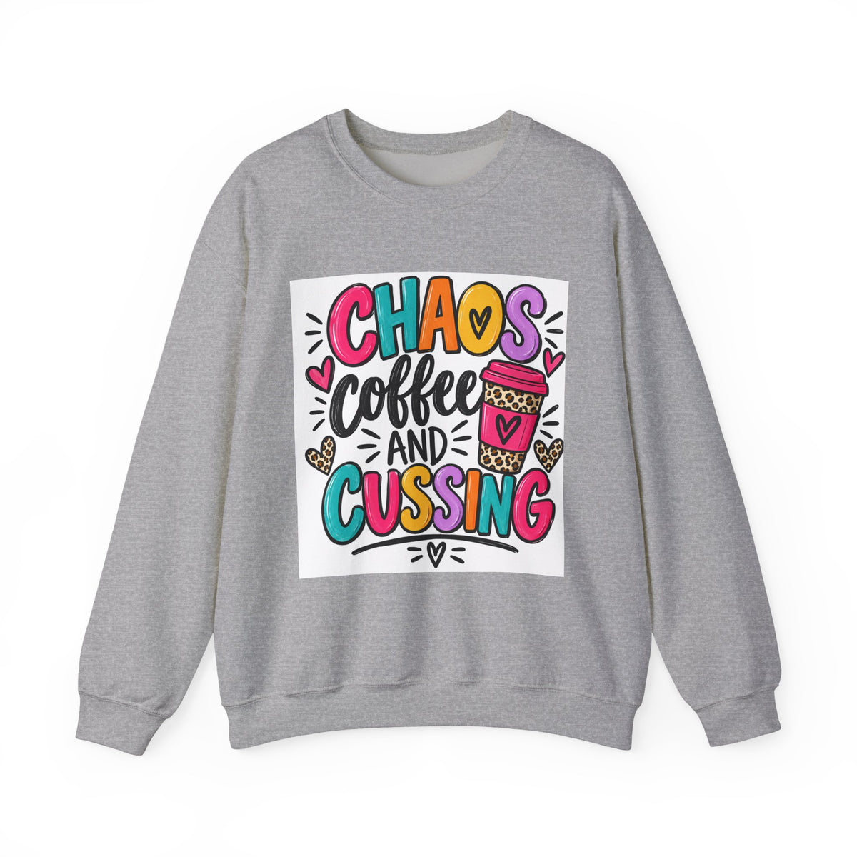 Crewneck Sweatshirt — Chaos Coffee and Cussing Colorful Graphic