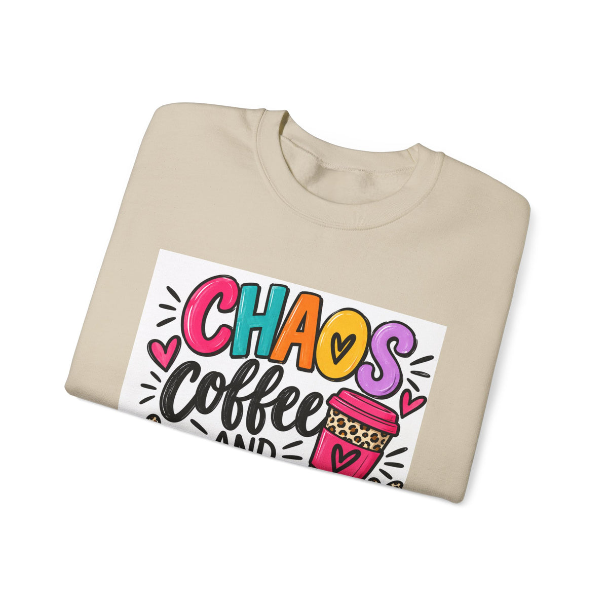 Crewneck Sweatshirt — Chaos Coffee and Cussing Colorful Graphic