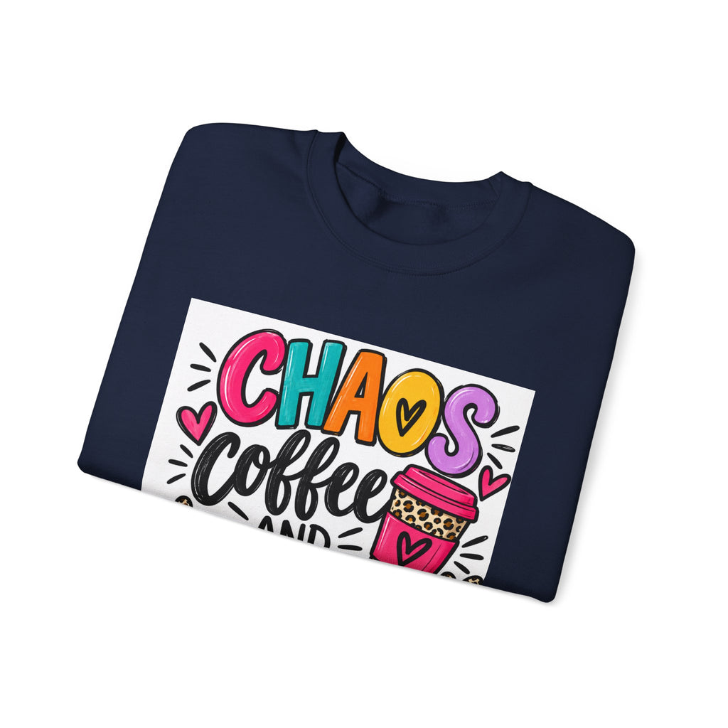 Crewneck Sweatshirt — Chaos Coffee and Cussing Colorful Graphic