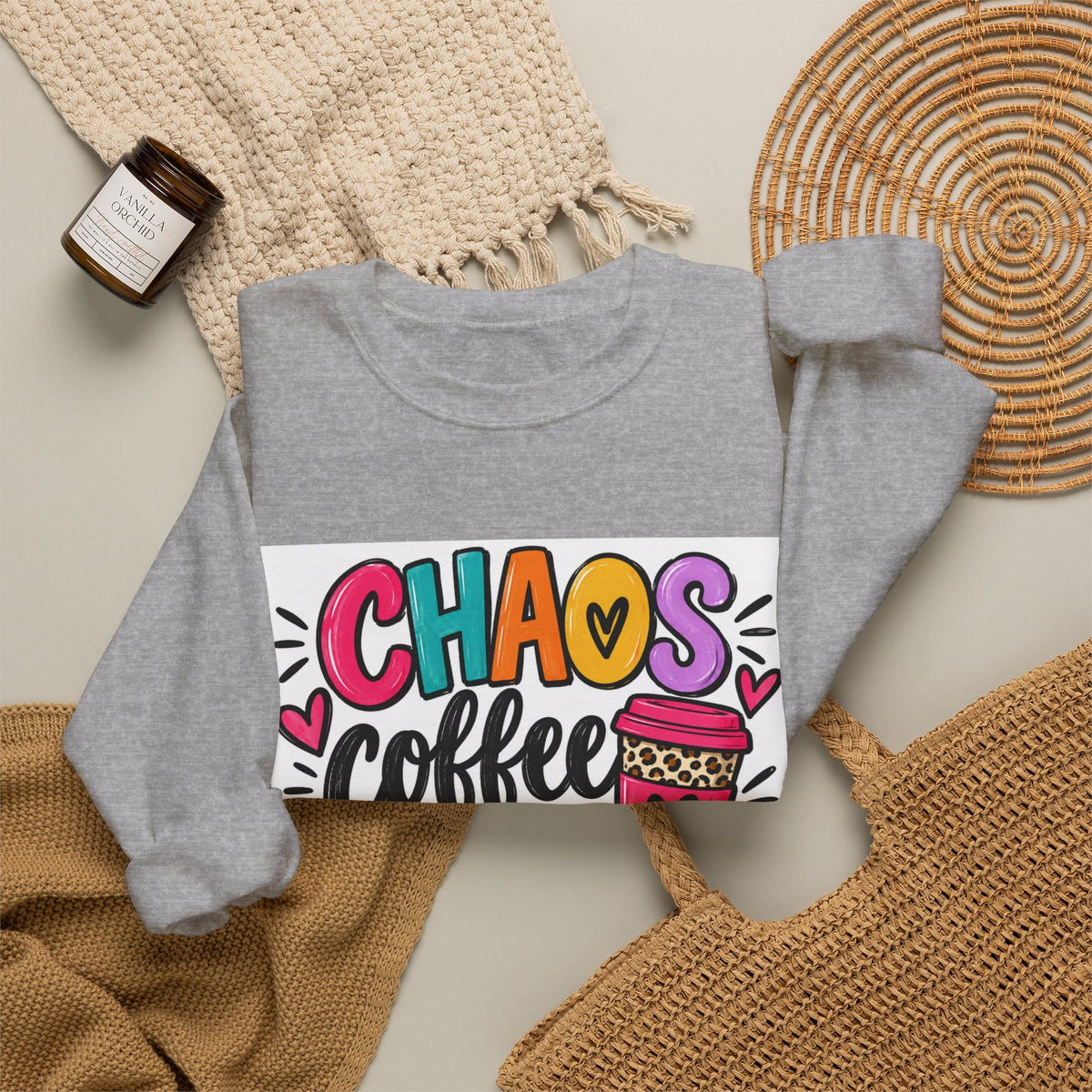 Crewneck Sweatshirt — Chaos Coffee and Cussing Colorful Graphic