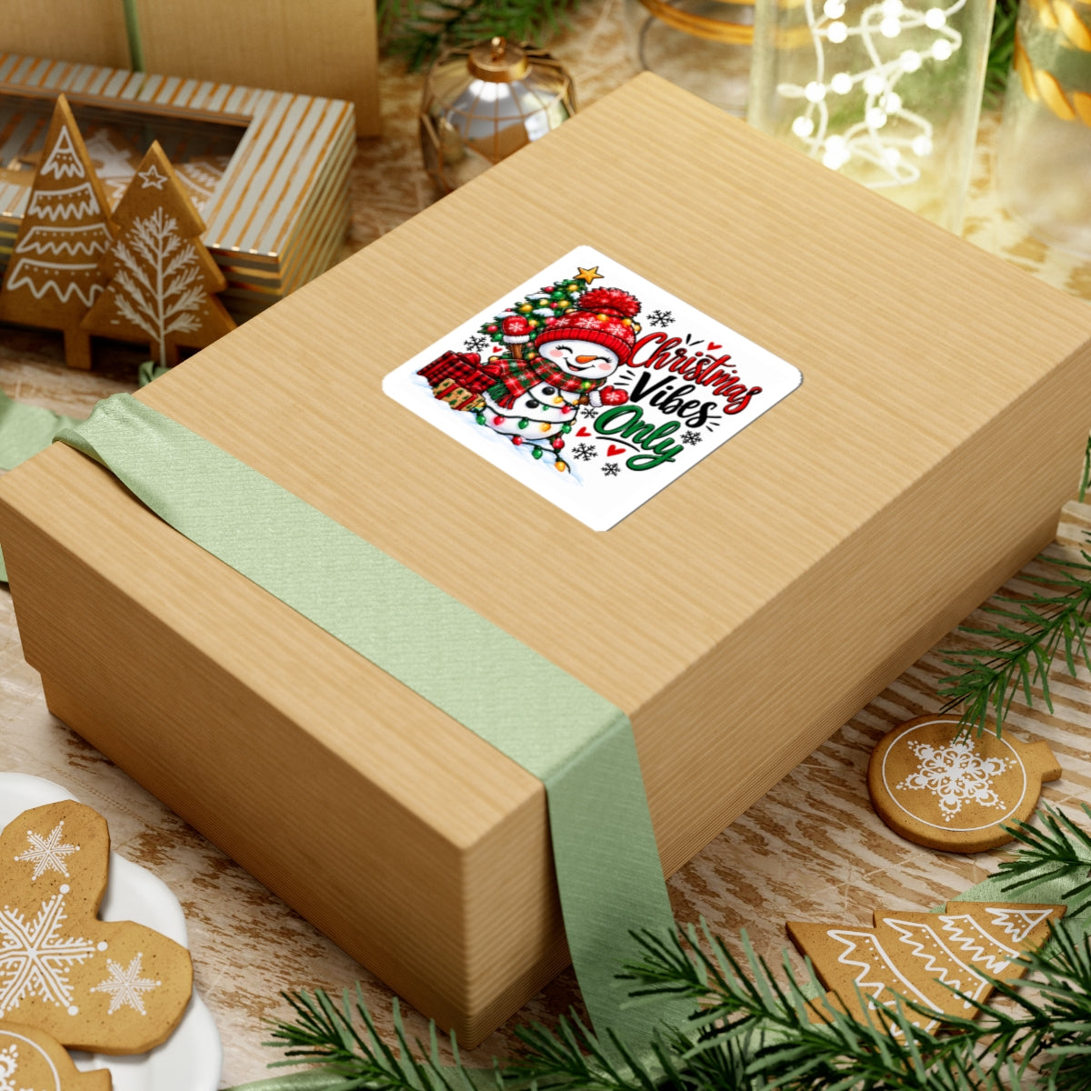 Christmas Vibes Only Sticker — Cute Snowman Holiday Kiss-Cut Sticker
