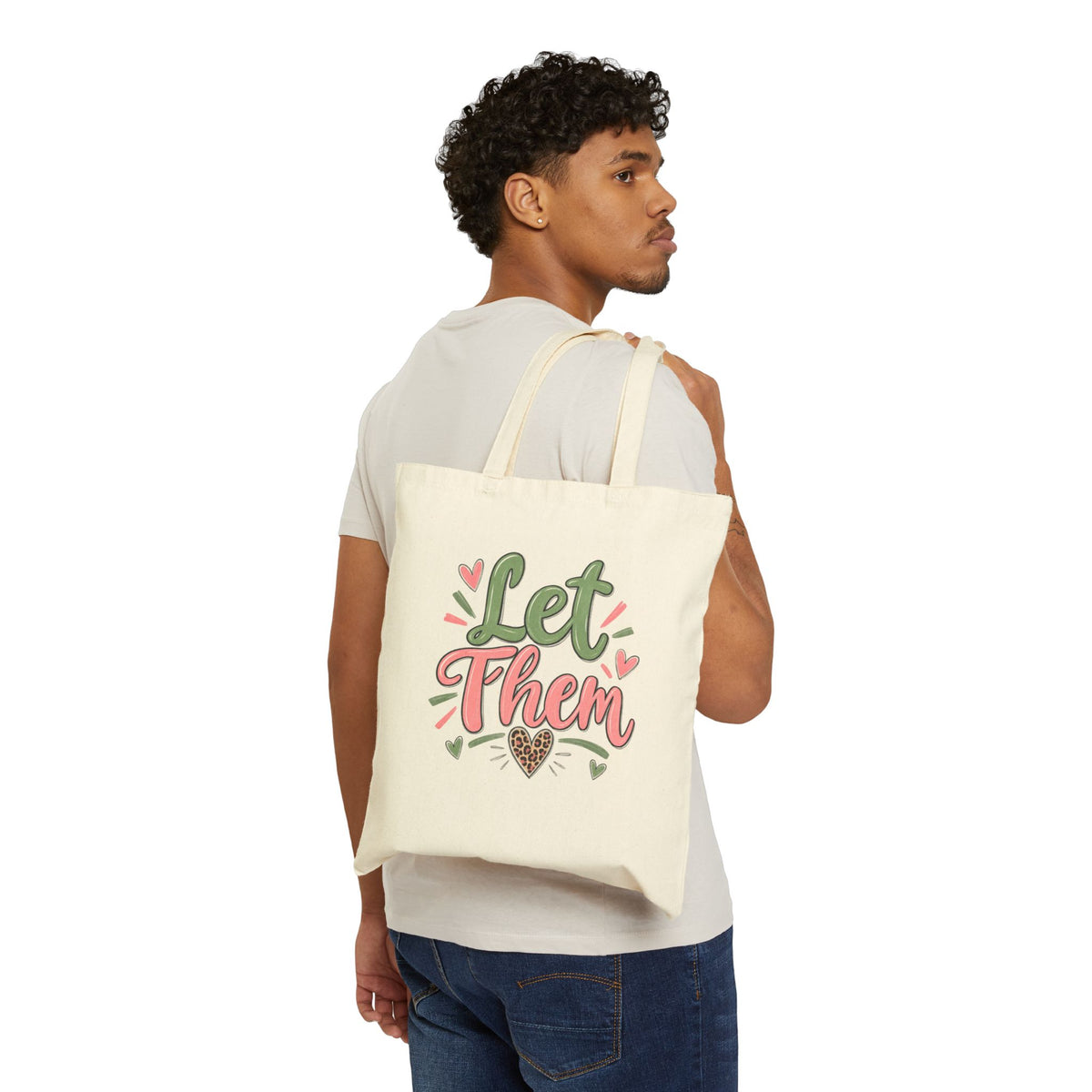 Tote Bag — "Let Them" Heart Design Canvas Tote (Eco-Friendly, Cute Pastel Graphic)