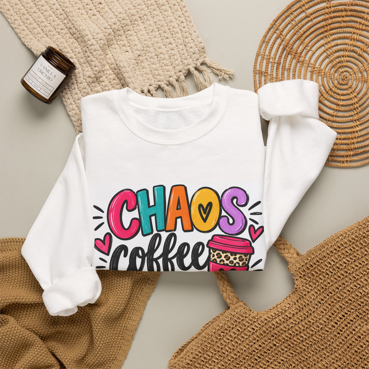 Crewneck Sweatshirt — Chaos Coffee and Cussing Colorful Graphic