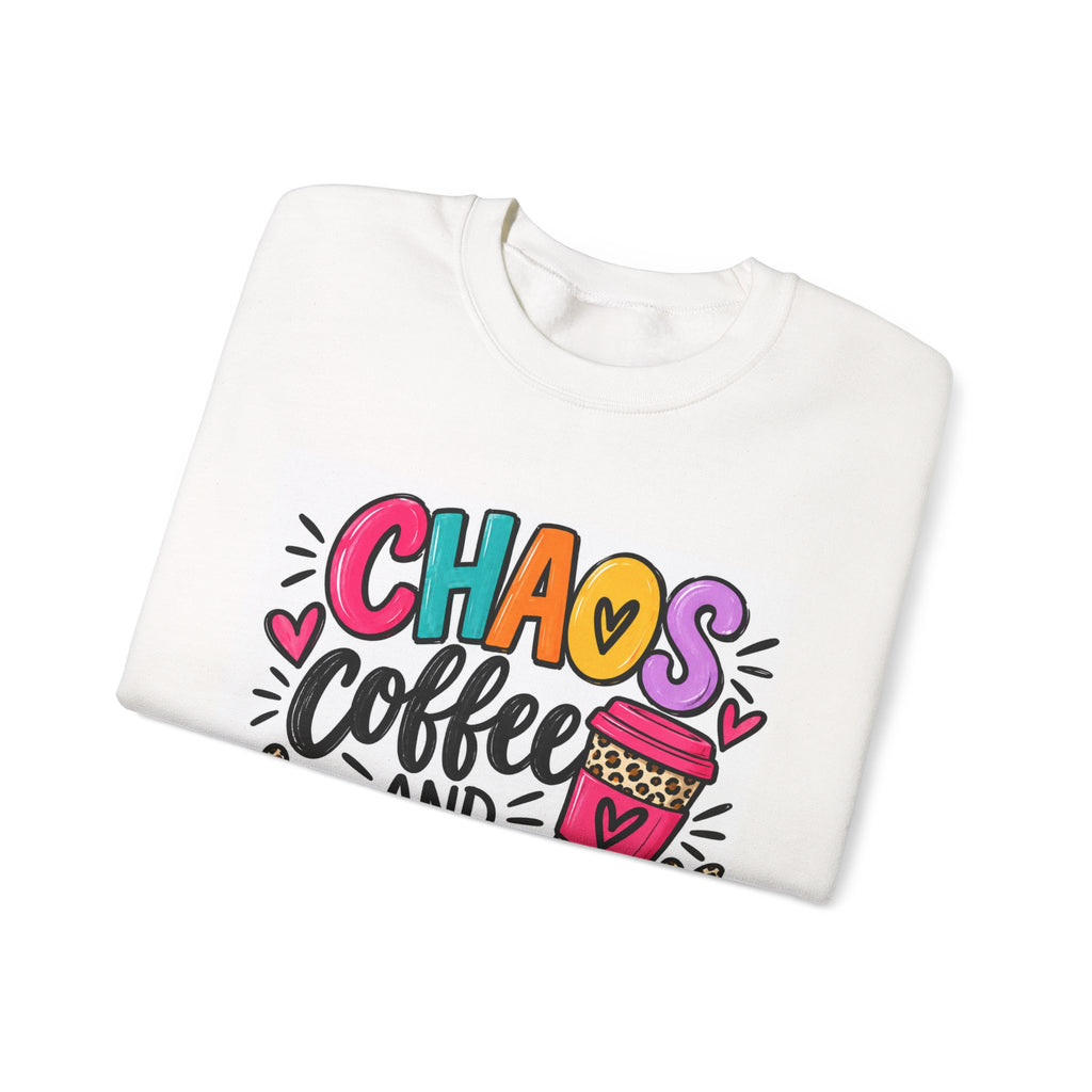 Crewneck Sweatshirt — Chaos Coffee and Cussing Colorful Graphic