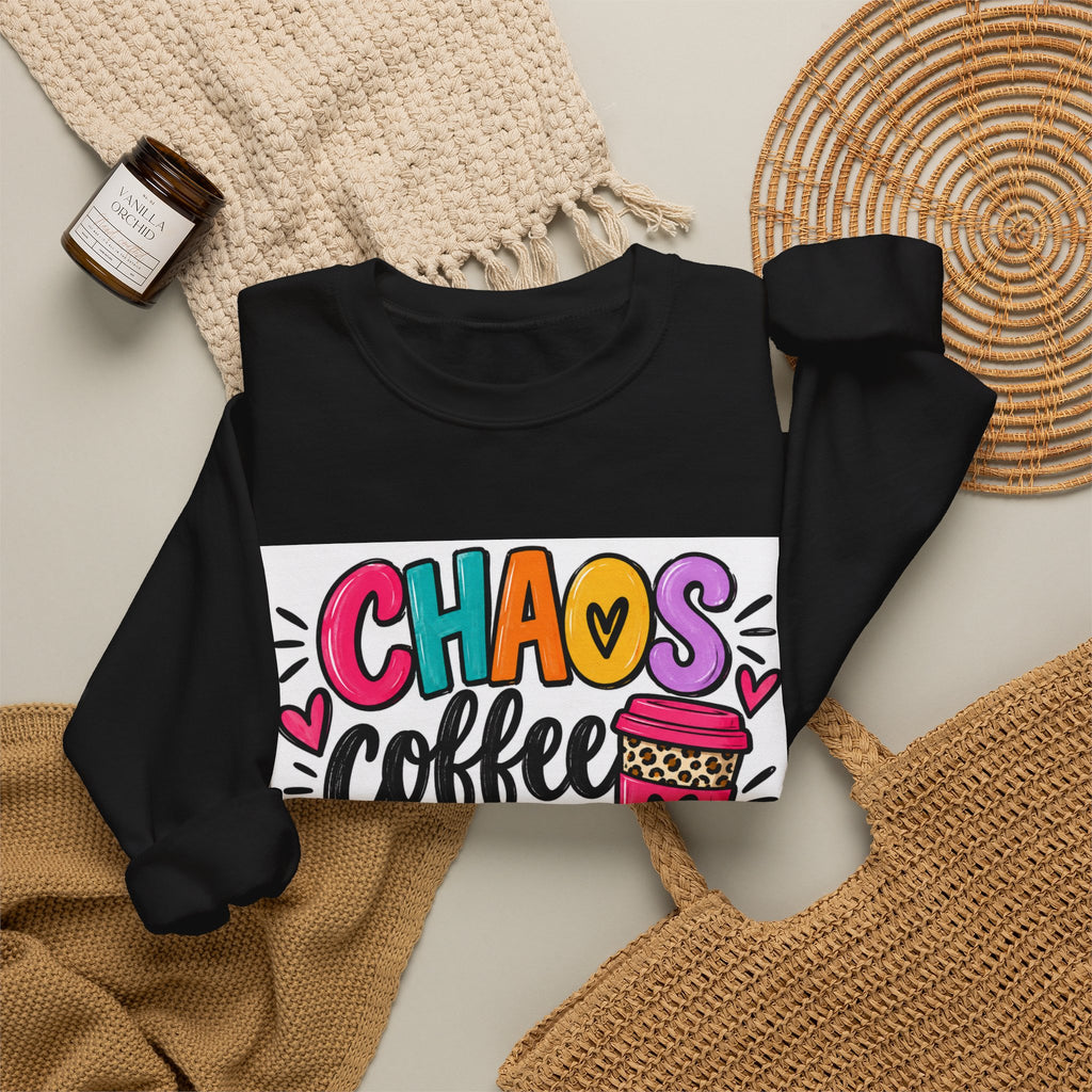 Crewneck Sweatshirt — Chaos Coffee and Cussing Colorful Graphic