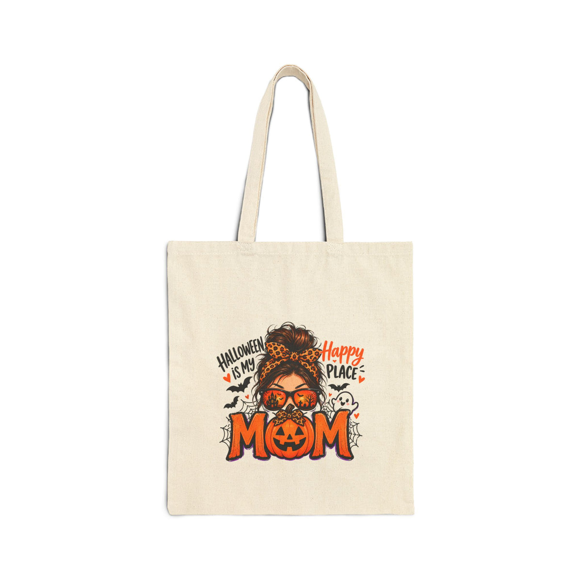 Halloween Mom Canvas Tote Bag - "Happy Place" Pumpkin & Ghosts Reusable Grocery Bag