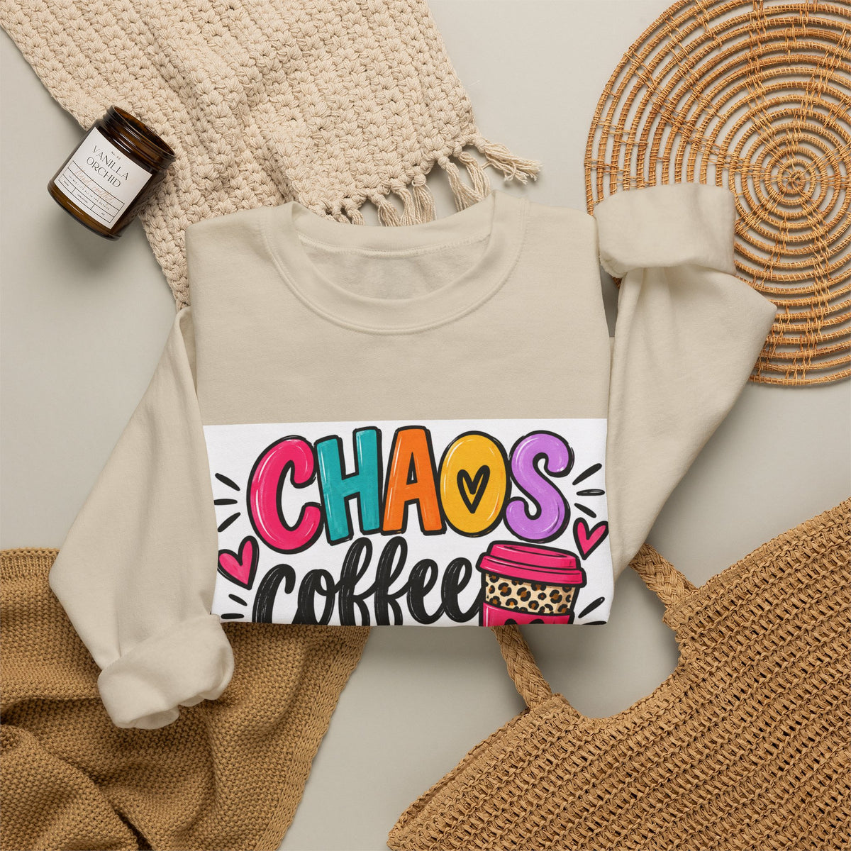 Crewneck Sweatshirt — Chaos Coffee and Cussing Colorful Graphic