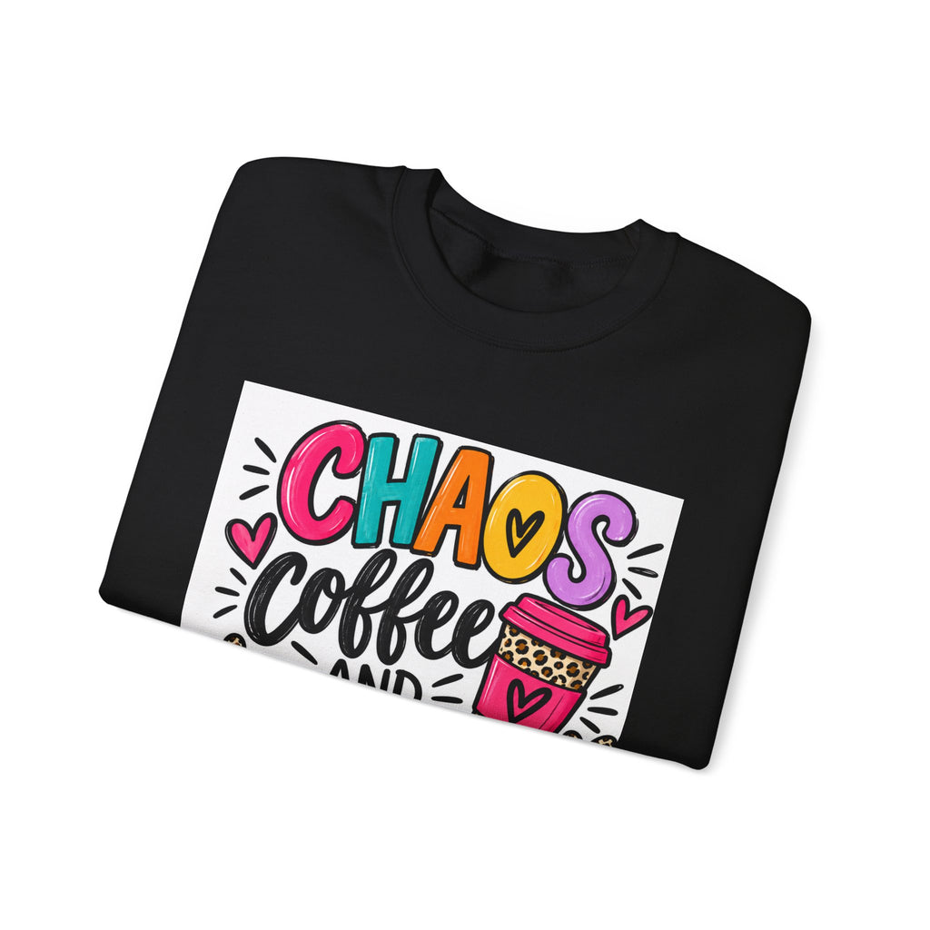 Crewneck Sweatshirt — Chaos Coffee and Cussing Colorful Graphic