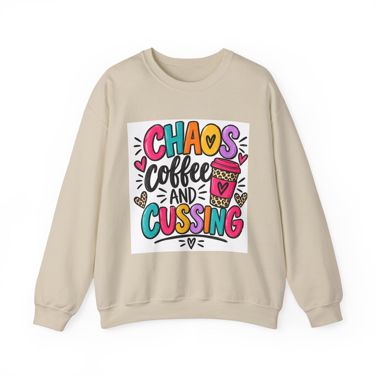 Crewneck Sweatshirt — Chaos Coffee and Cussing Colorful Graphic