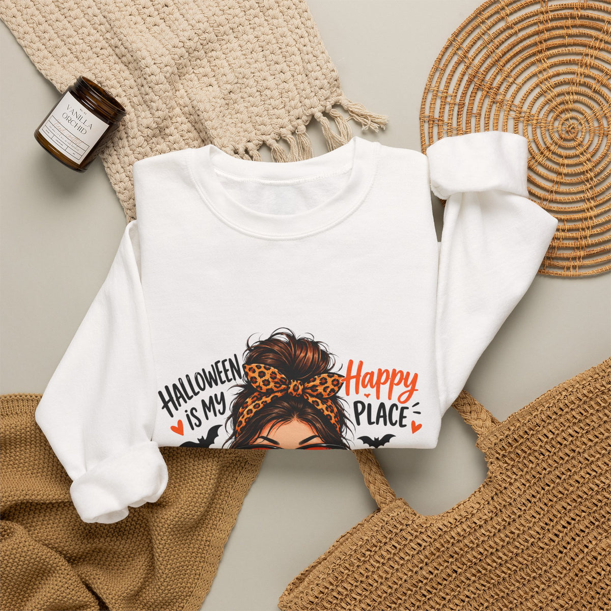Halloween Mom Crewneck Sweatshirt — "Halloween Is My Happy Place" Graphic