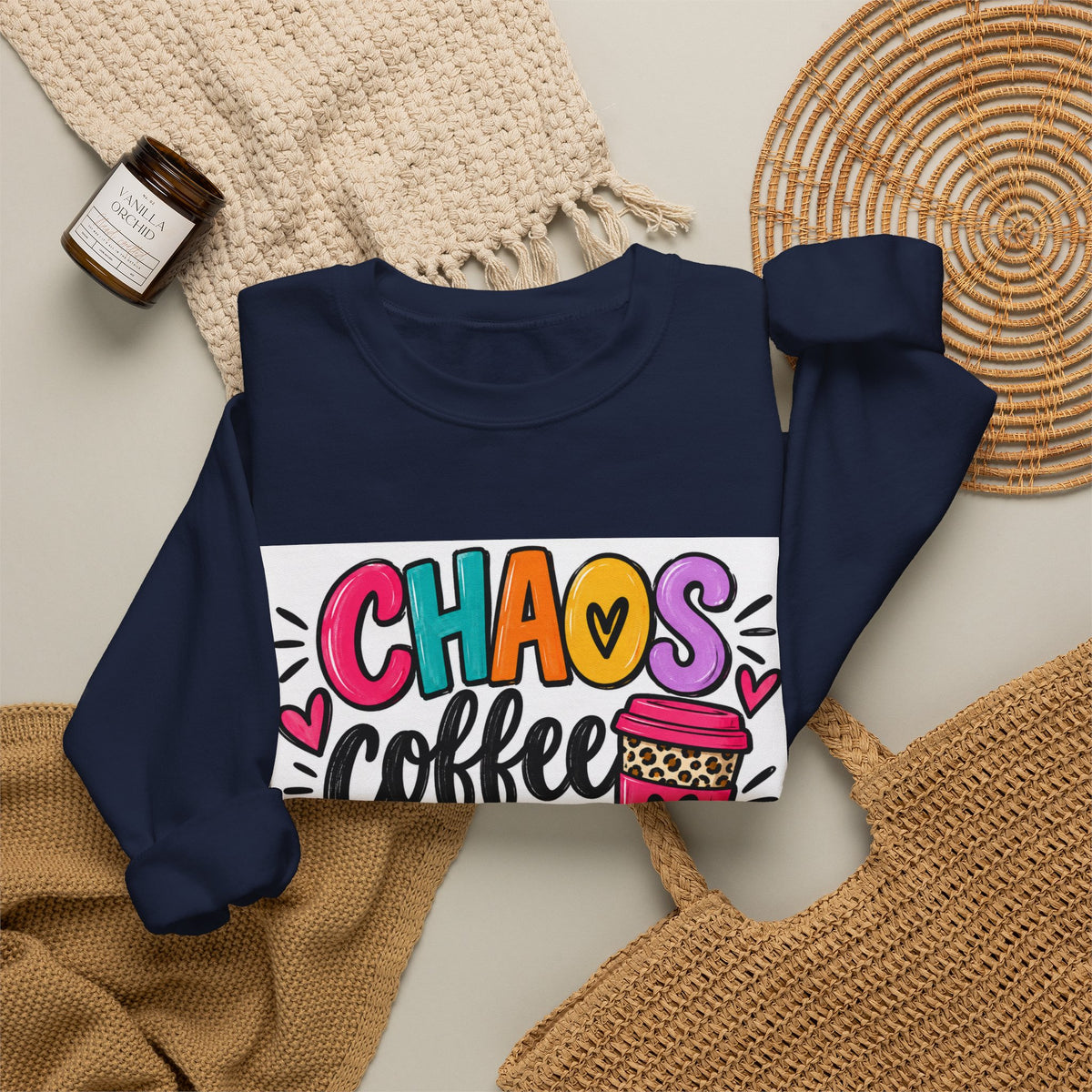 Crewneck Sweatshirt — Chaos Coffee and Cussing Colorful Graphic