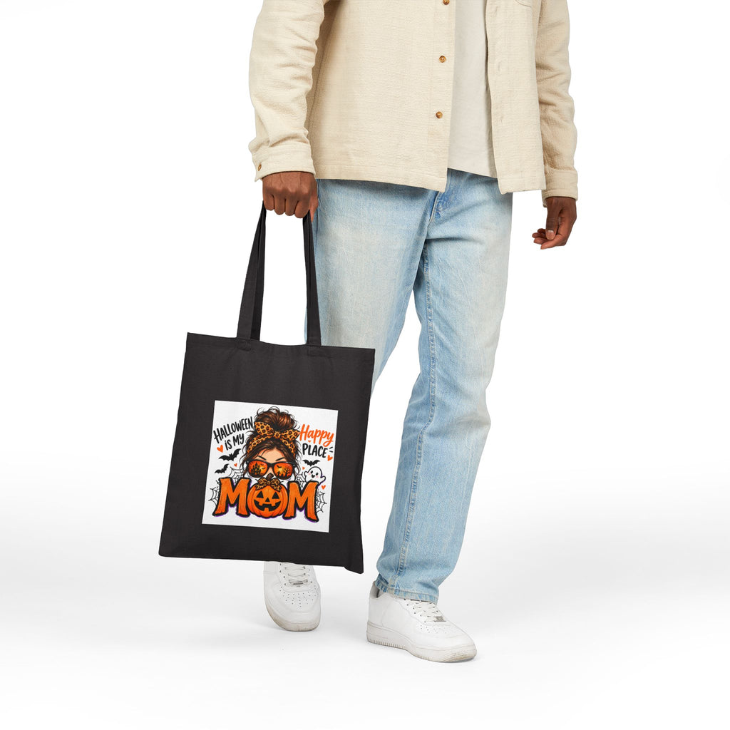 Halloween Mom Canvas Tote Bag - "Happy Place" Pumpkin & Ghosts Reusable Grocery Bag