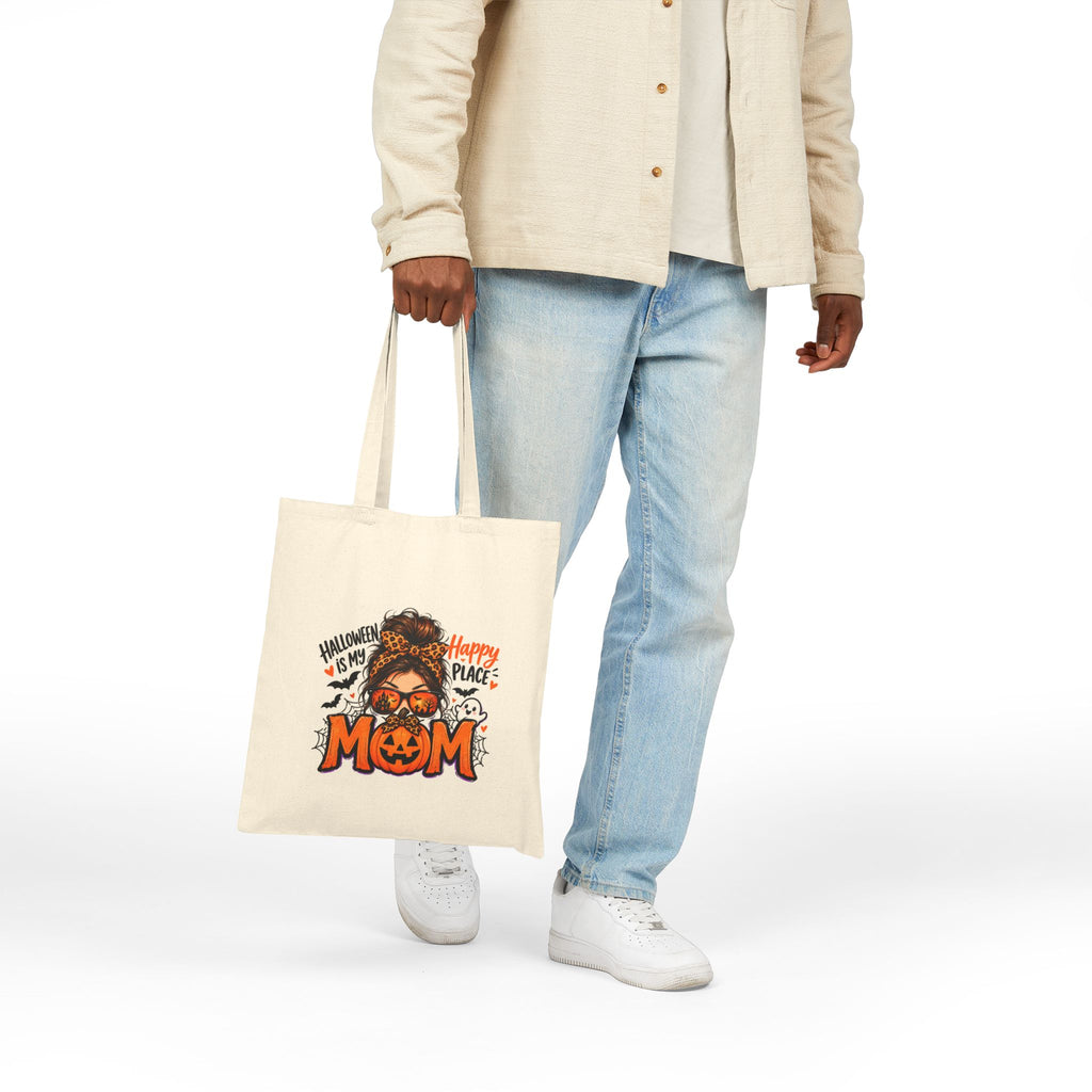 Halloween Mom Canvas Tote Bag - "Happy Place" Pumpkin & Ghosts Reusable Grocery Bag