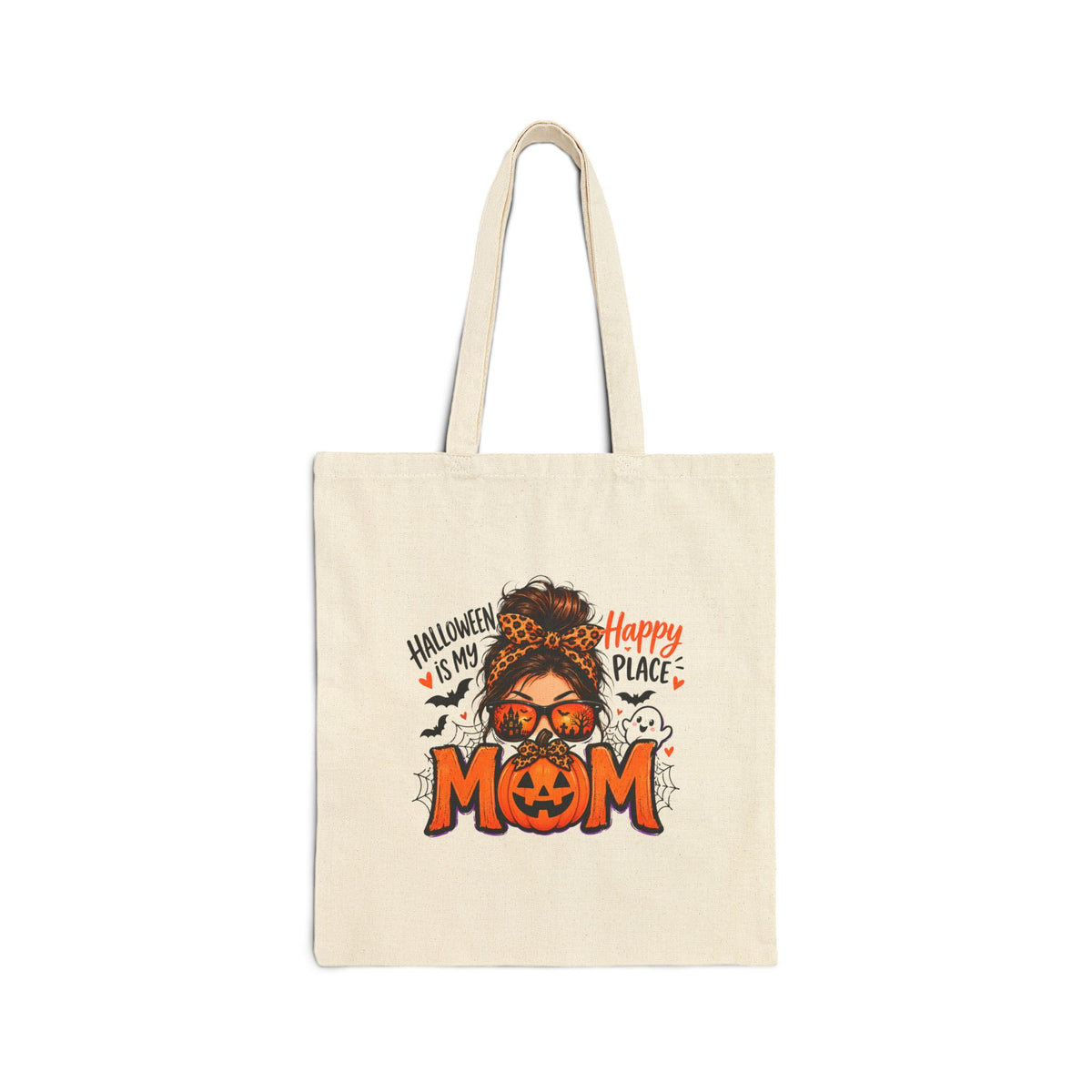 Halloween Mom Canvas Tote Bag - "Happy Place" Pumpkin & Ghosts Reusable Grocery Bag