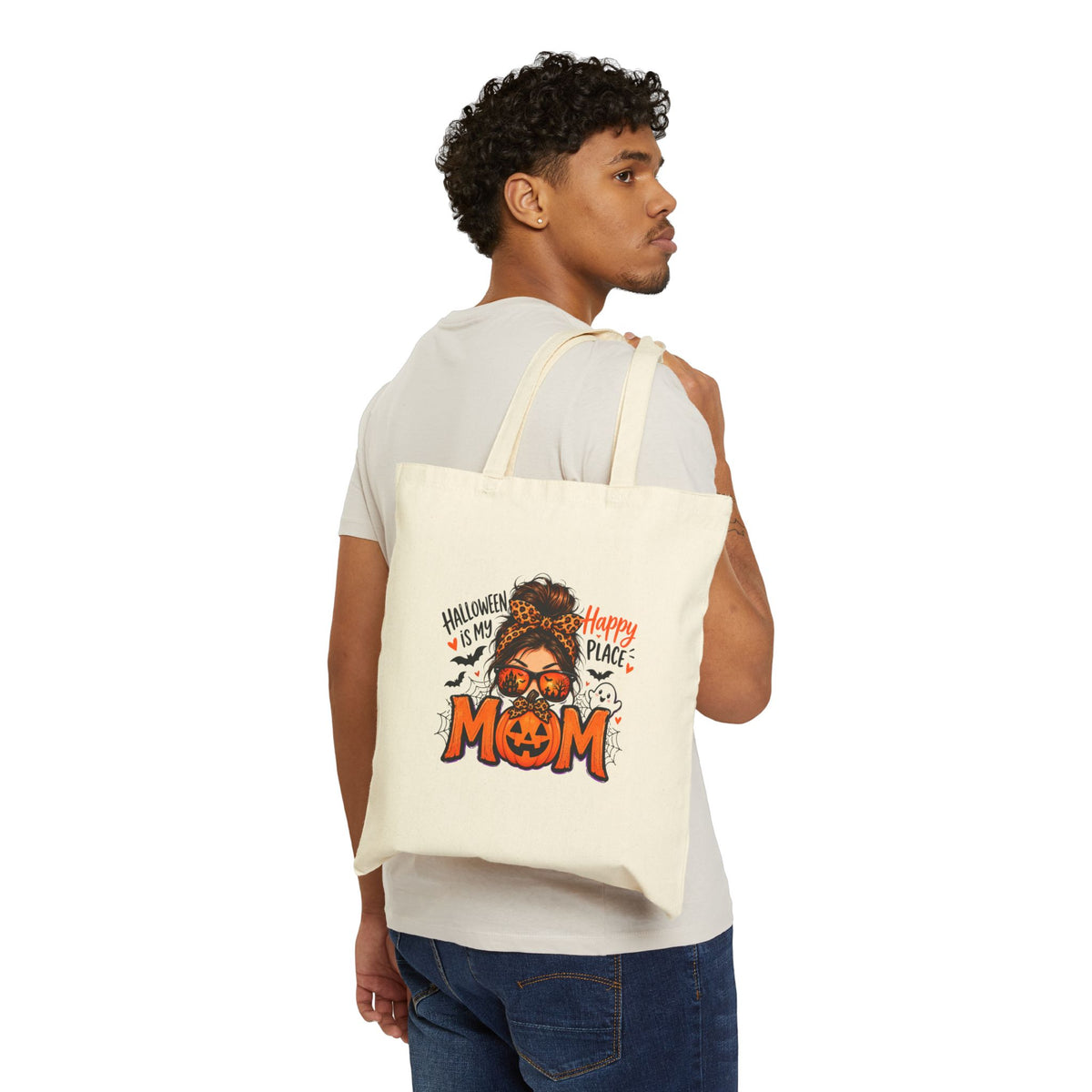 Halloween Mom Canvas Tote Bag - "Happy Place" Pumpkin & Ghosts Reusable Grocery Bag