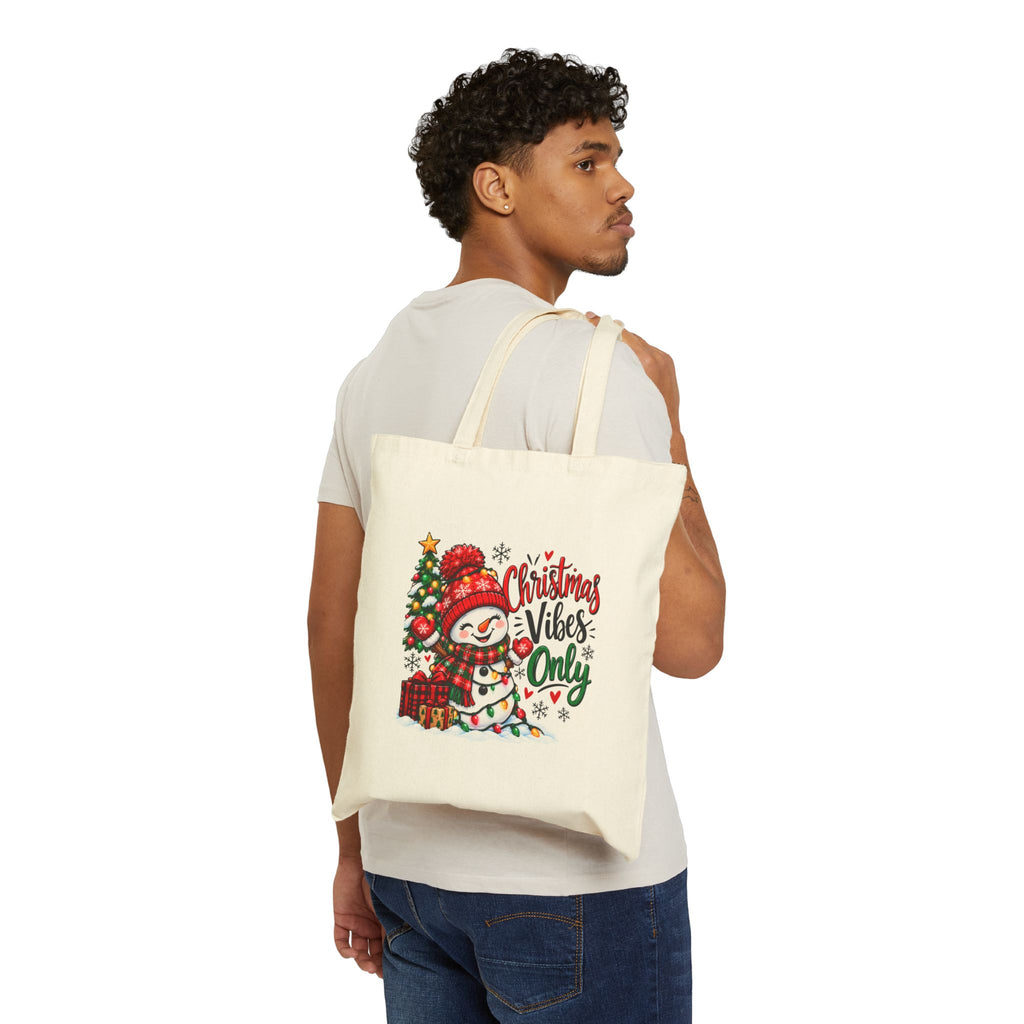 Christmas Vibes Only Tote Bag — Cute Snowman Holiday Canvas Shopping Bag