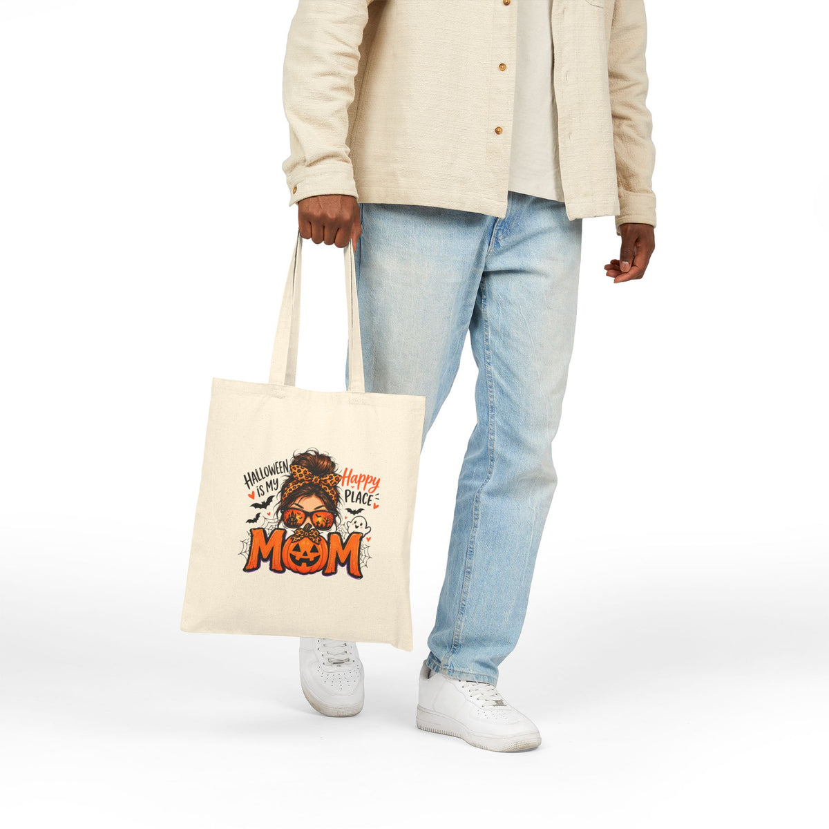 Halloween Mom Canvas Tote Bag - "Happy Place" Pumpkin & Ghosts Reusable Grocery Bag
