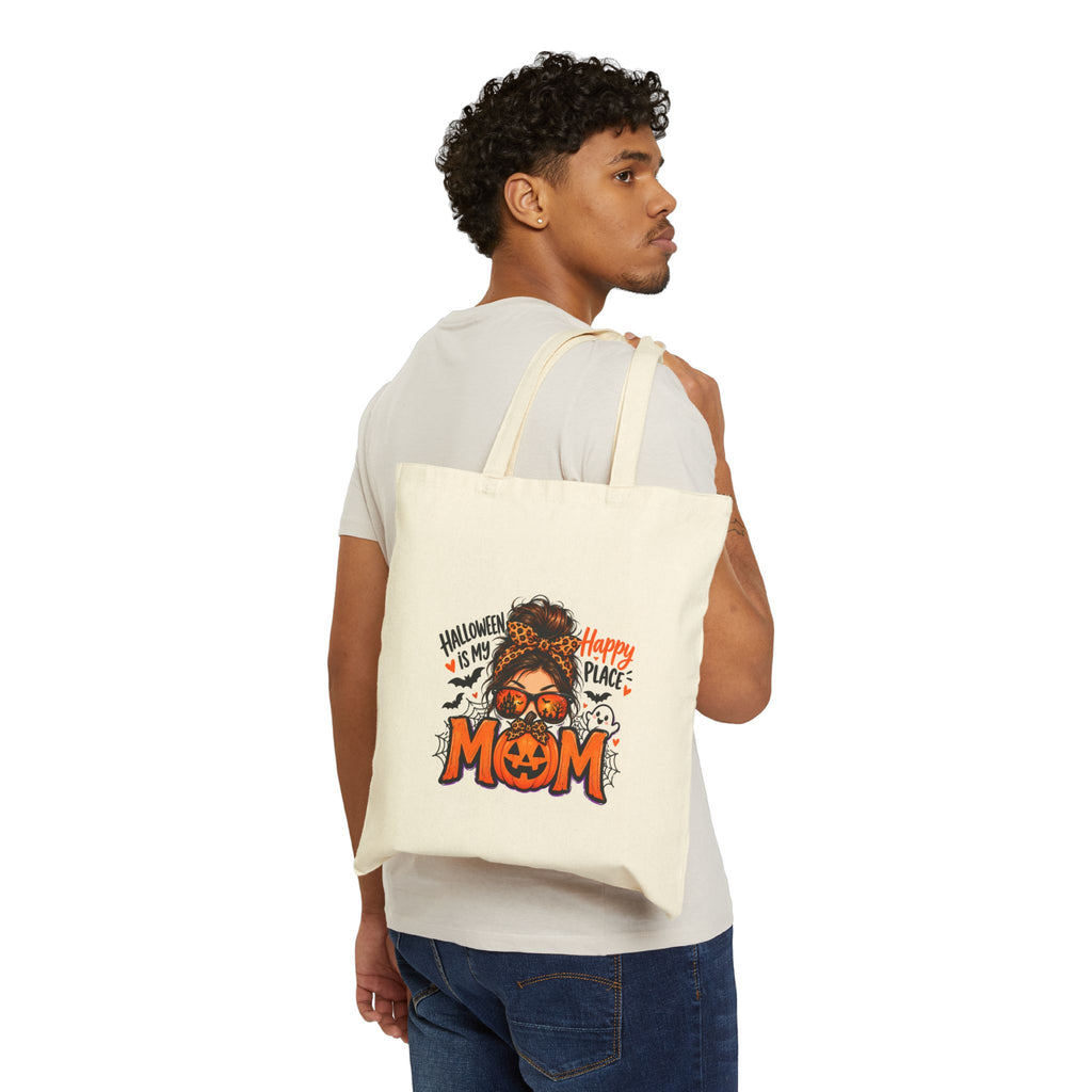 Halloween Mom Canvas Tote Bag - "Happy Place" Pumpkin & Ghosts Reusable Grocery Bag