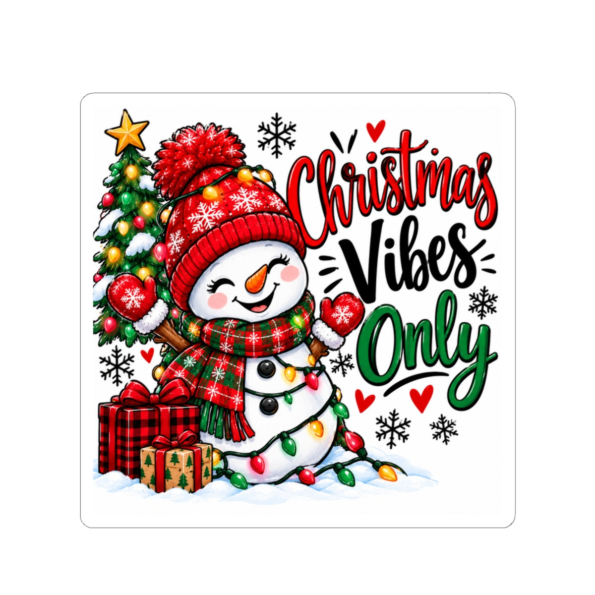 Christmas Vibes Only Sticker — Cute Snowman Holiday Kiss-Cut Sticker
