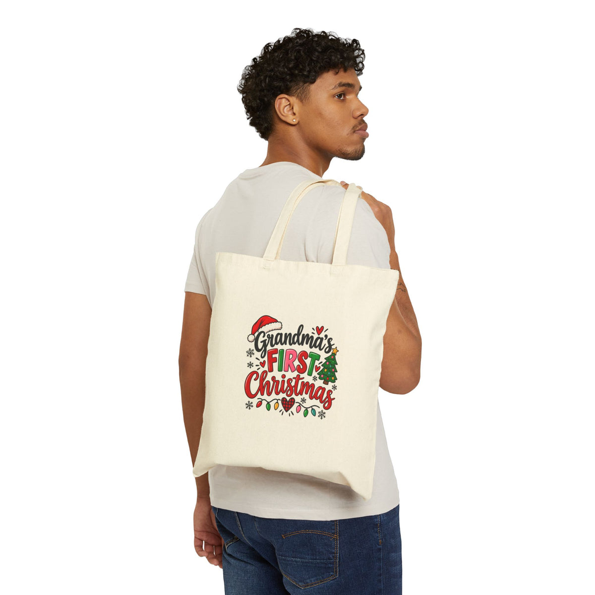 Grandma's First Christmas Tote Bag - Holiday Cotton Canvas Gift Bag